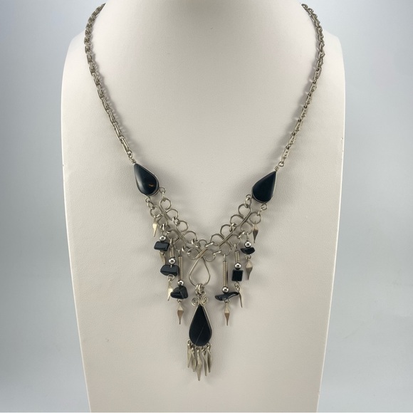Vintage Alpaca Silver Wire And Black Onyx Statement Bib Necklace